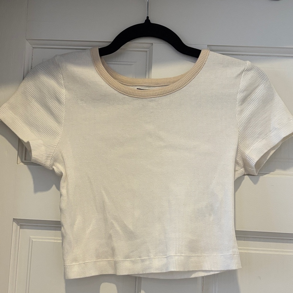 Urban Outfitters White Ribbed Crop Top with Cream Neck Trim